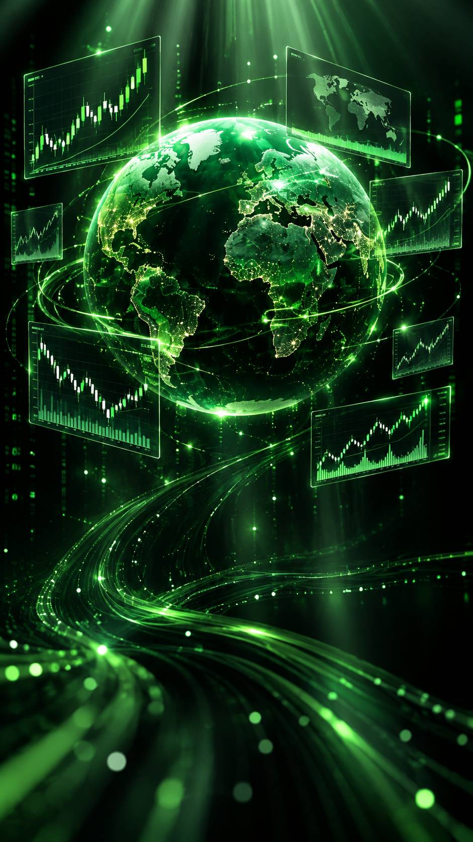 Globe surrounded by floating stock charts from different regions