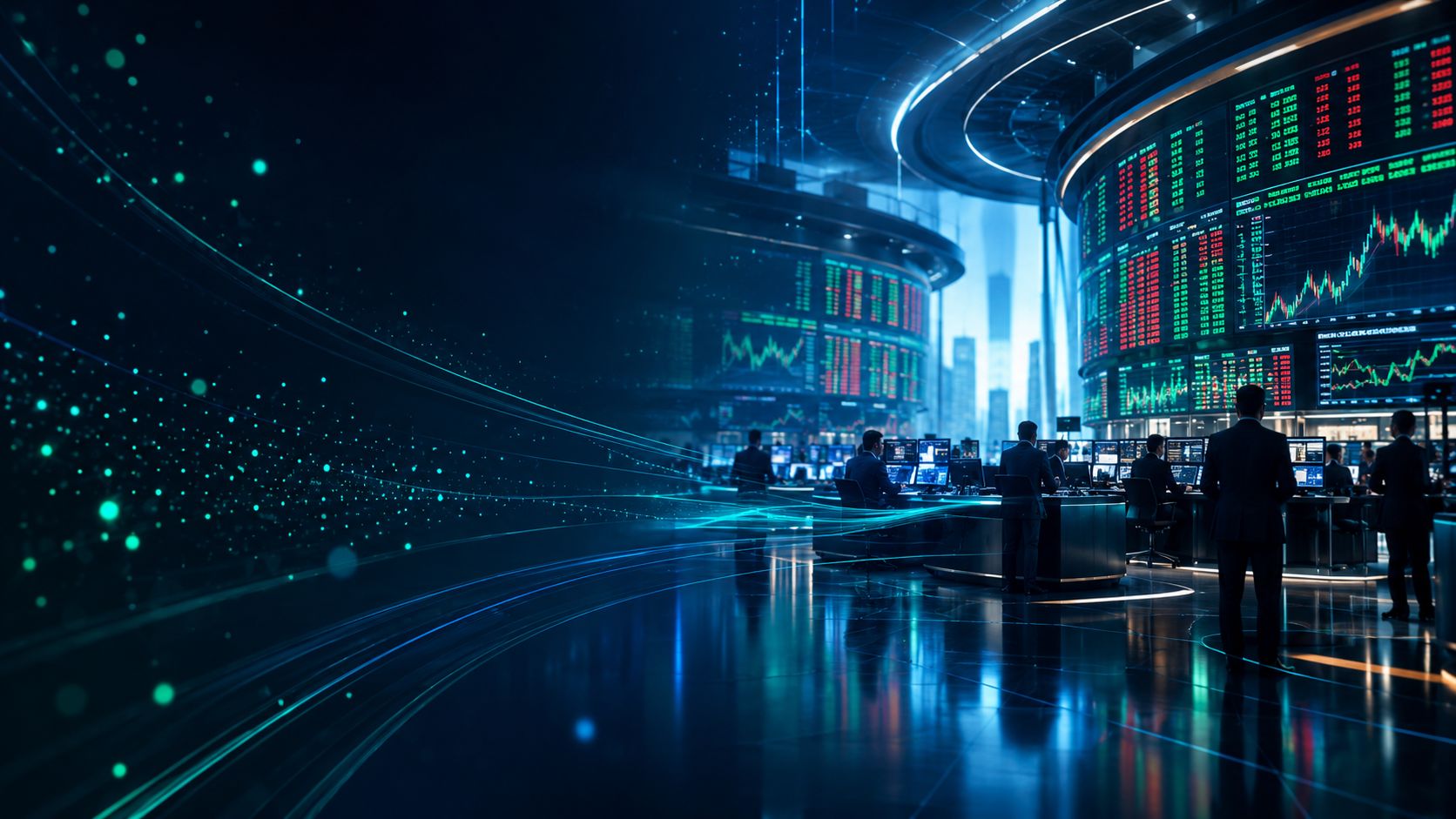 Modern stock exchange trading floor with large screens of green and red tickers