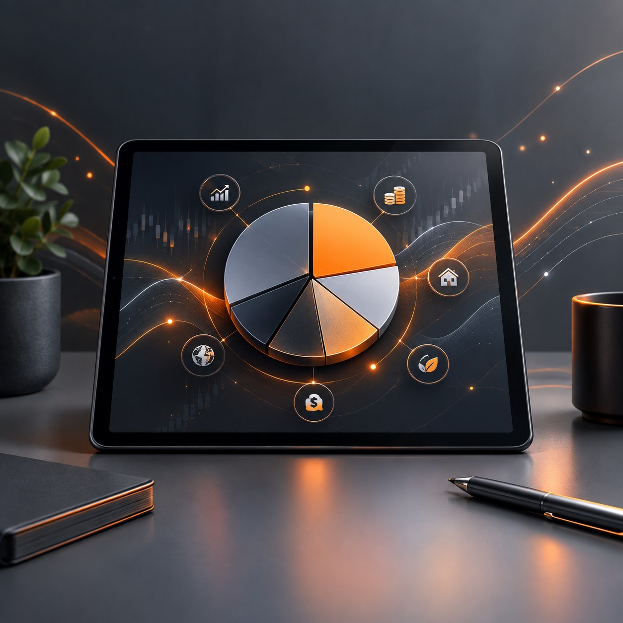 Tablet showing a diversified portfolio pie chart on a clean desk