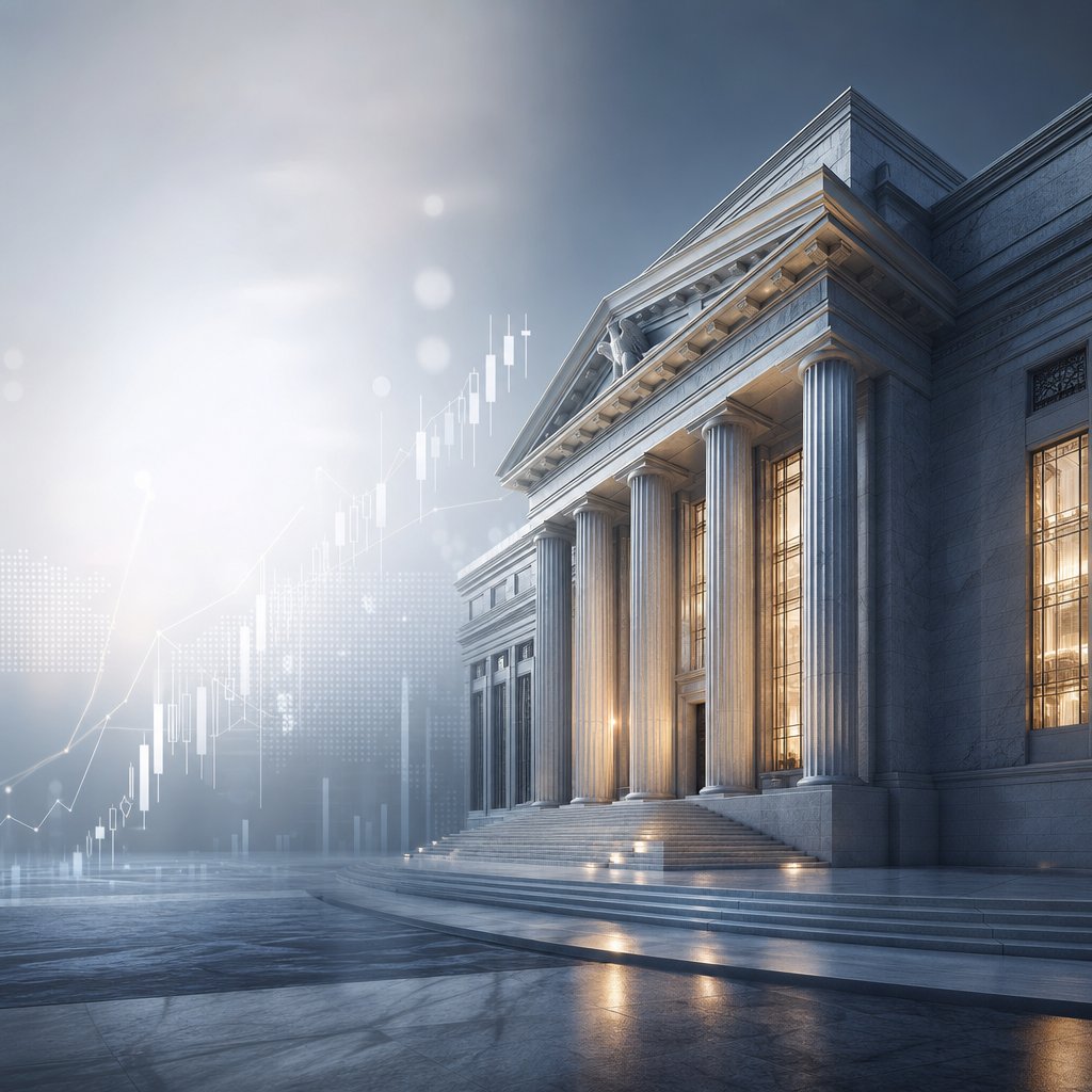 Classical central bank building facade with subtle financial chart overlays