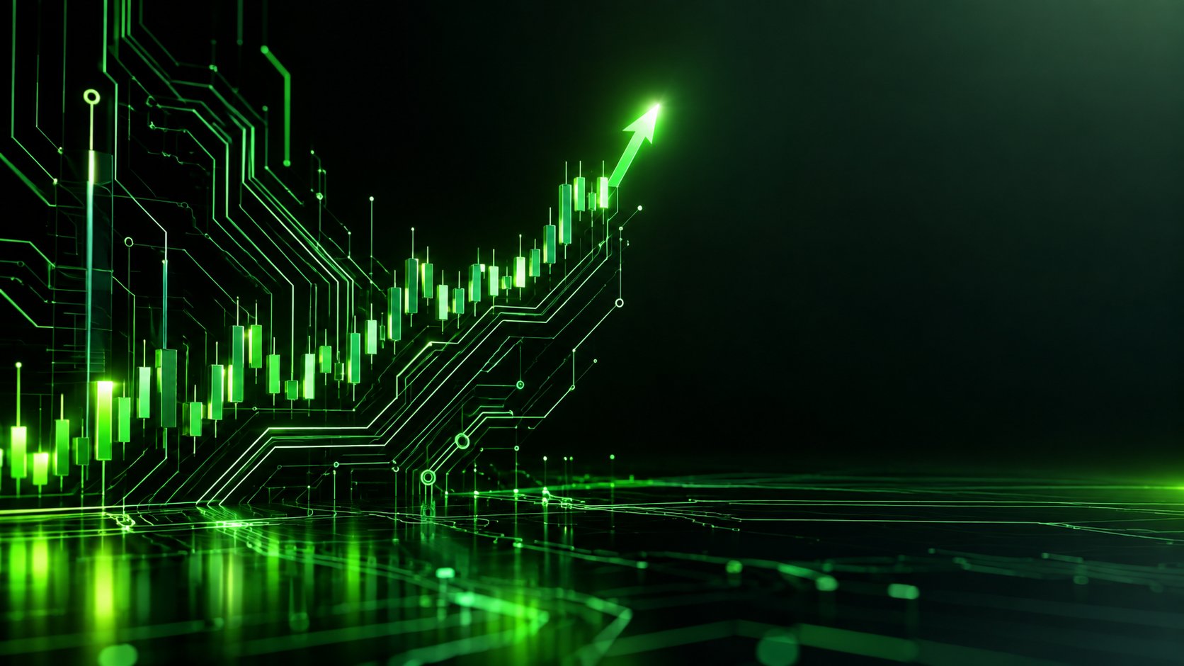 Abstract circuit patterns forming a rising stock chart