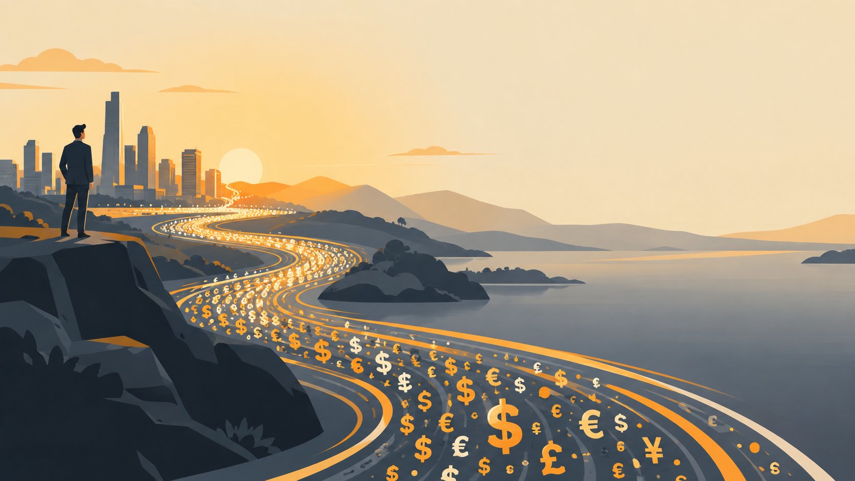 Flowing river of light made of tiny currency symbols