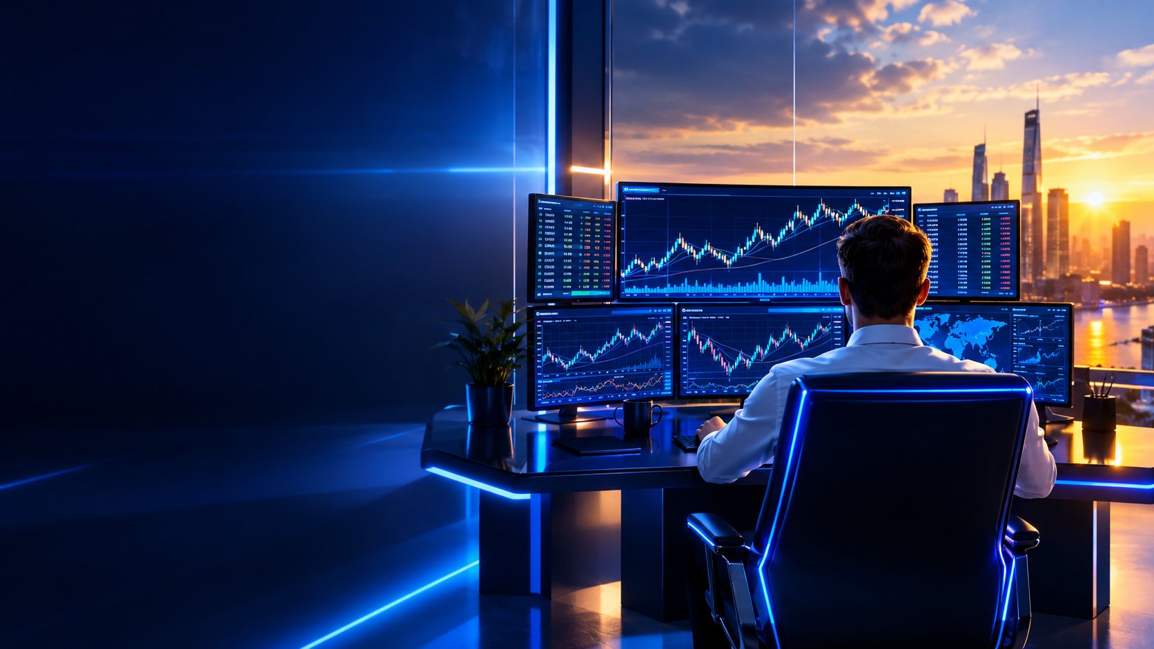 Professional forex trader at a multi monitor desk viewing currency charts seen from behind